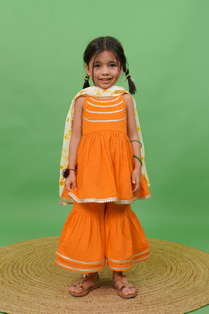 Girls Flared Sharara Set Gotapatti - Orange by Tiber Taber Kids