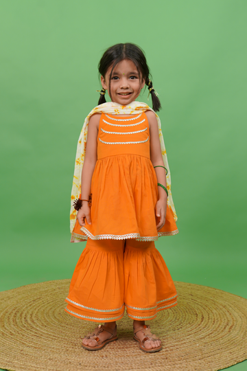 Girls Flared Sharara Set Gotapatti - Orange by Tiber Taber Kids