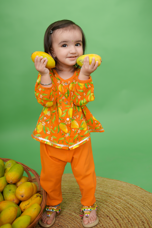 Baby Girl Jhabla Set Printed Mango - Orange by Tiber Taber Kids