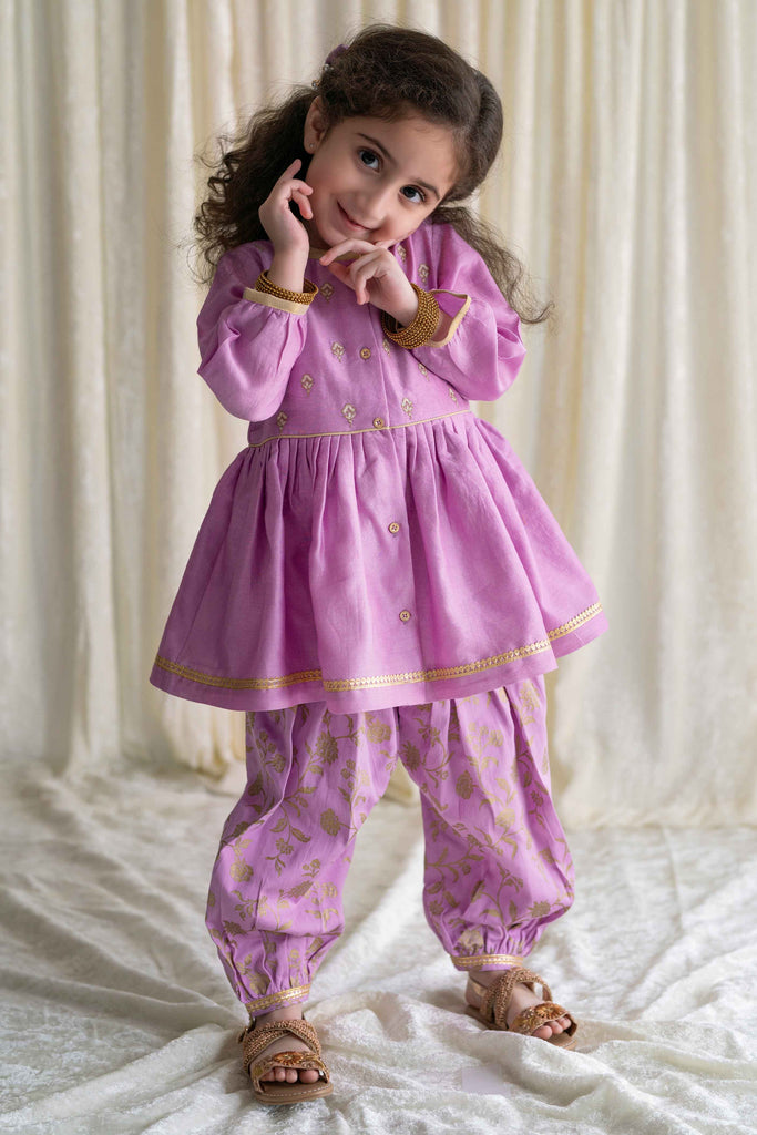 Baby Girl Chanderi Angrakha Suit Set Embroidered- Purple by Tiber Taber Kids