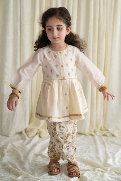 Baby Girl Chanderi Angrakha Suit Set Embroidered- Cream by Tiber Taber Kids
