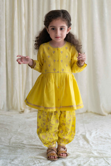 Baby Girl Chanderi Angrakha Suit Set Embroidered- Yellow by Tiber Taber Kids
