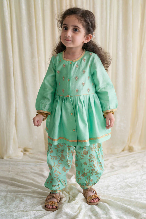 Baby Girl Chanderi Angrakha Suit Set Embroidered- Green by Tiber Taber Kids