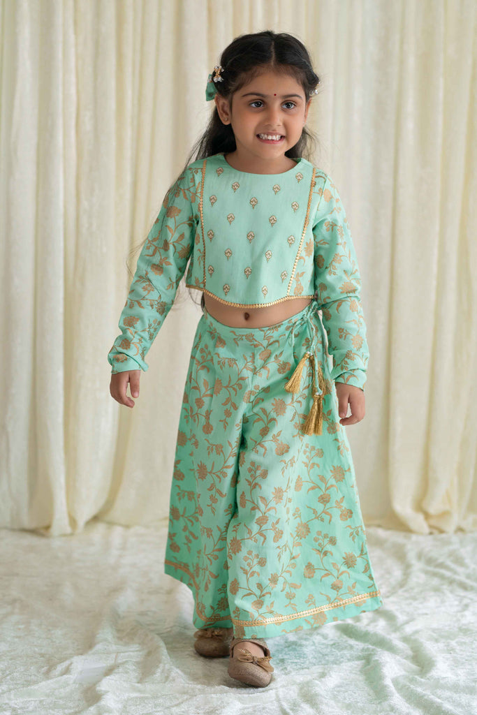 Girl Ethnic Co-ord Set Embroidered- Green by Tiber Taber Kids