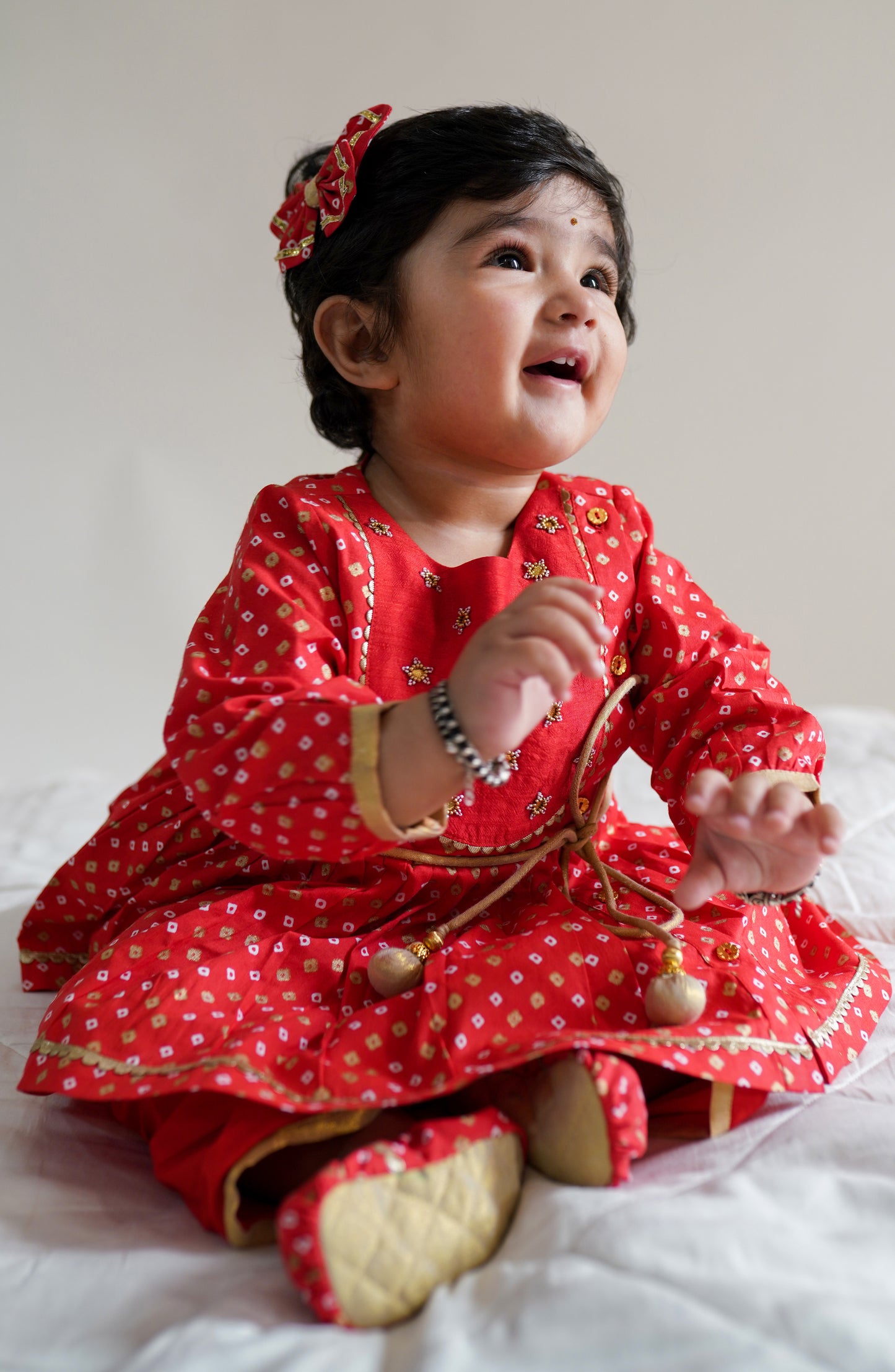 Baby Girl Bandhani Printed Angrakha Suit Set-Red by Tiber Taber Kids