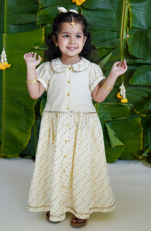 Baby Girl Bandhani Pattu Pavdai-Cream by Tiber Taber Kids