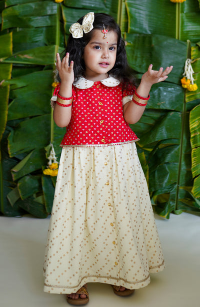Baby Girl Bandhani Pattu Pavdai-Red by Tiber Taber Kids