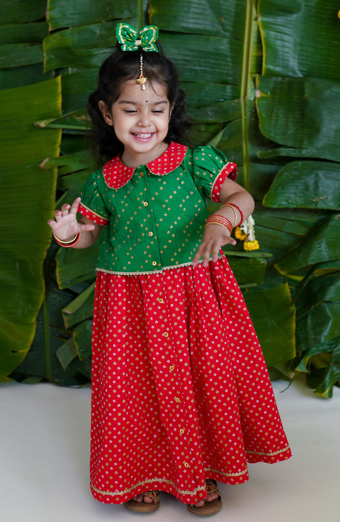 Baby Girl Bandhani Pattu Pavdai-Green by Tiber Taber Kids