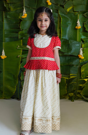 Girl Bandhani Pattu Pavdai-Red by Tiber Taber Kids