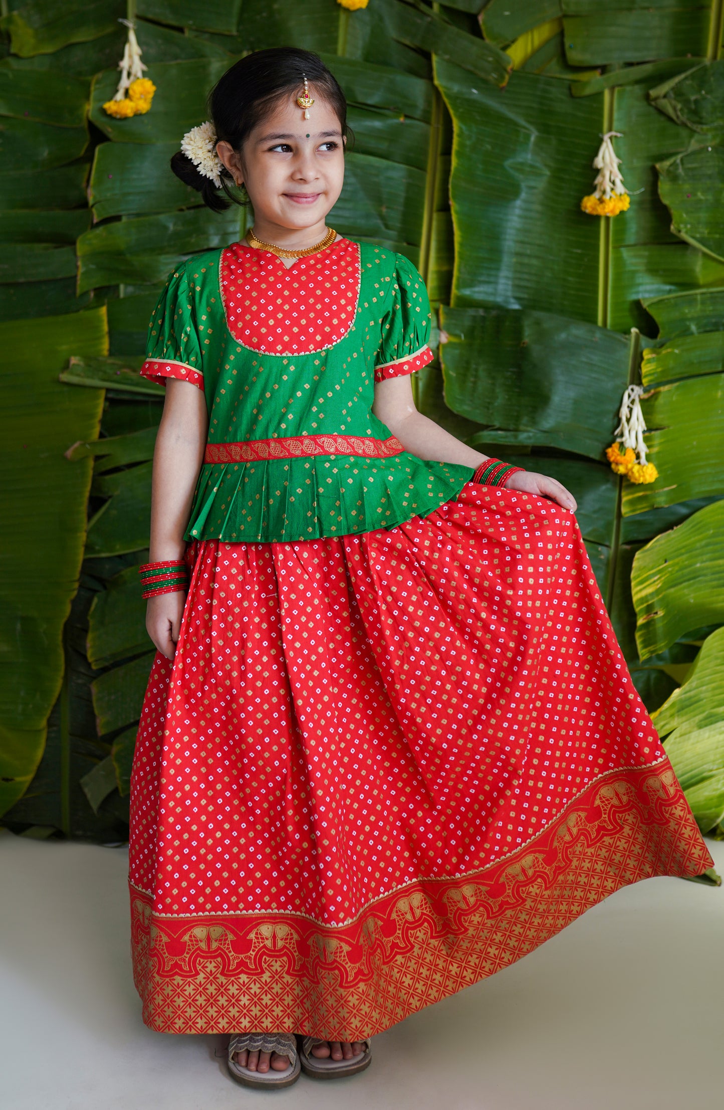 Girl Bandhani Pattu Pavdai-Green by Tiber Taber Kids