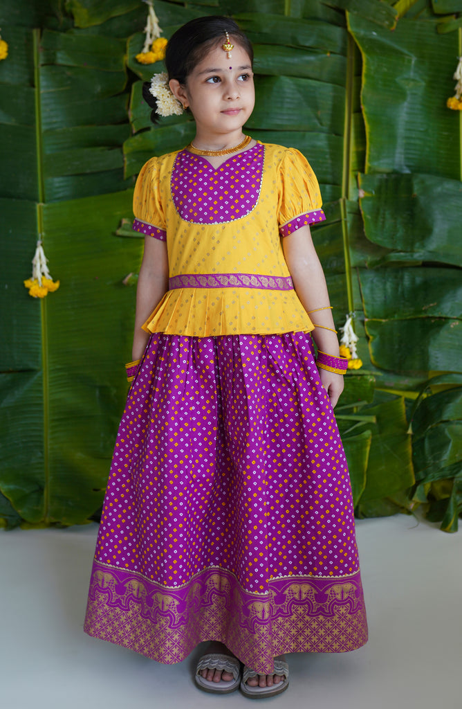 Girl Bandhani Pattu Pavdai-Purple by Tiber Taber Kids