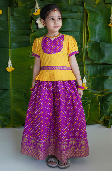 Girl Bandhani Pattu Pavdai-Purple by Tiber Taber Kids
