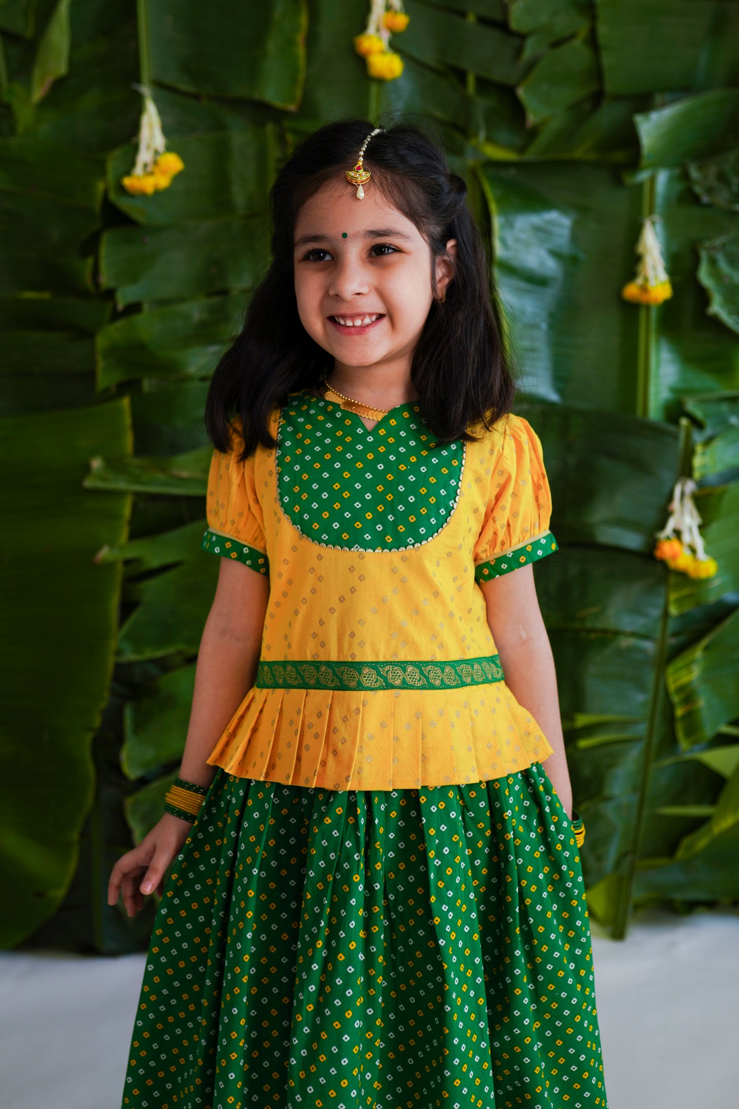 Shop Girl Bandhani Pattu Pavdai-Yellow by Tiber Taber Kids