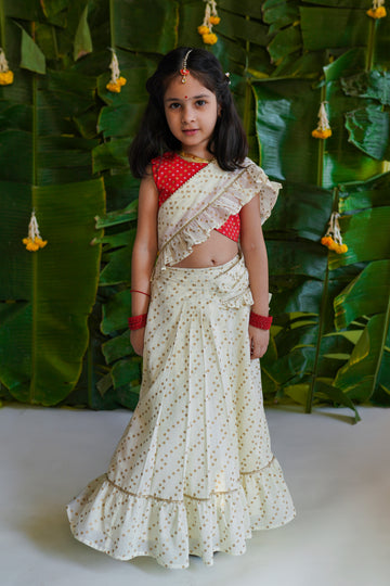 Girls Ruffle Saree-Cream by Tiber Taber Kids