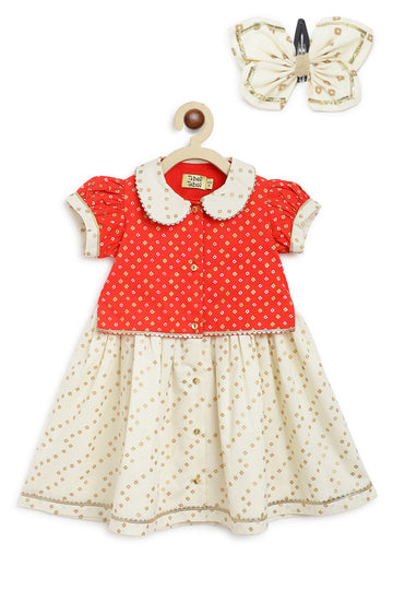 Baby Girl Pattu Pavdai & Hairclip Combo Set-Red by Tiber Taber Kids