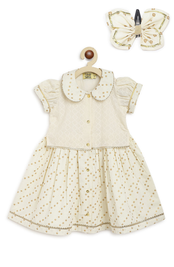Baby Girl Pattu Pavdai & Hairclip Combo Set-Cream by Tiber Taber Kids