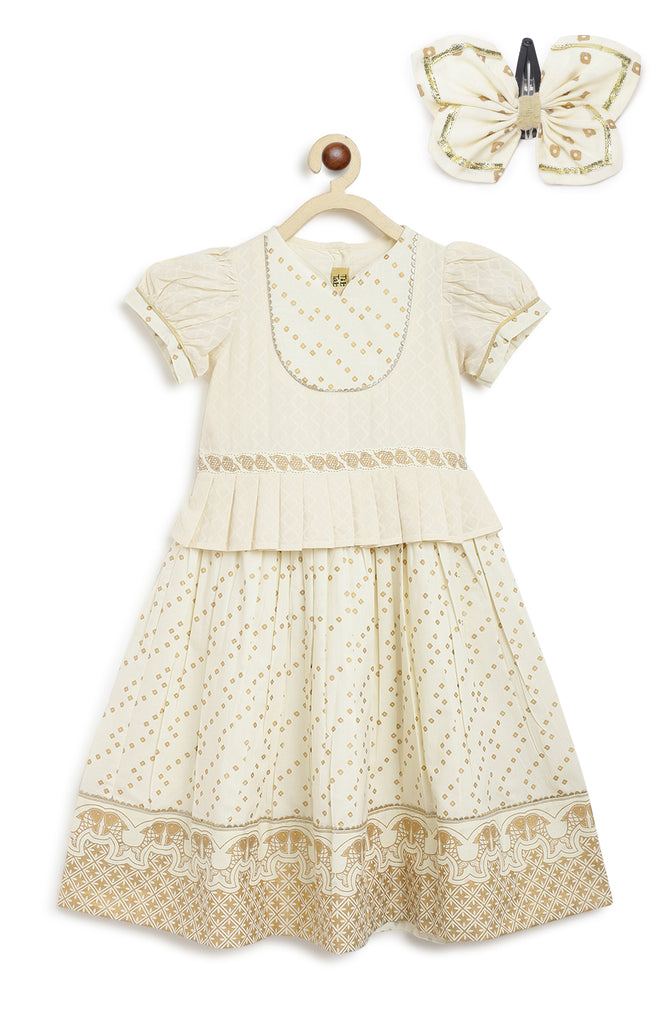 Girl Pattu Pavdai & Hairclip Combo Set-Cream by Tiber Taber Kids