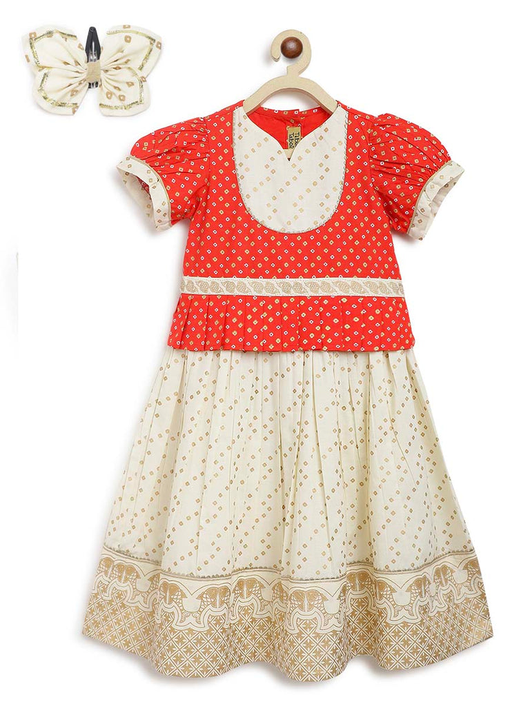 Girl Pattu Pavdai & Hairclip Combo Set-Red by Tiber Taber Kids