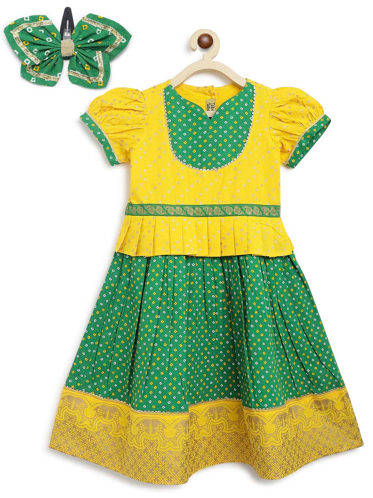 Girl Pattu Pavdai & Hairclip Combo Set-Yellow by Tiber Taber Kids