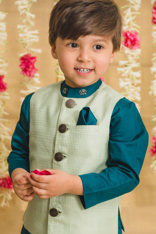 Boys Teal-Green 3Pc Silk Kurta Set by Tiber Taber Kids