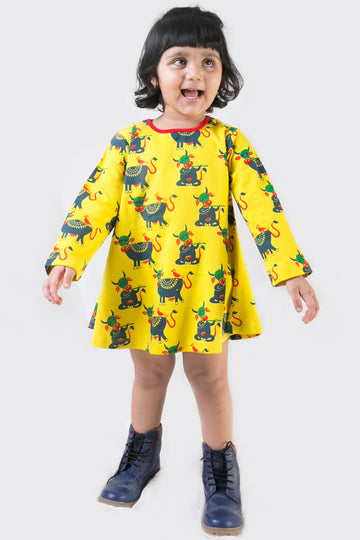 Girl Yellow Cow Dress by Tiber Taber Kids